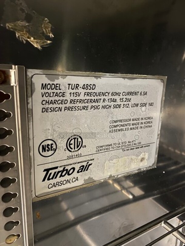 Turbo Air Commercial 2 Door Lowboy/Worktop Cooler! All Stainless Steel! On Casters! Model: TUR48SD 115V - Image 7 of 8