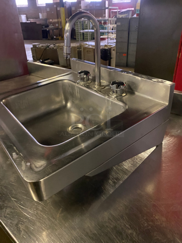 Solid Stainless Steel Wall Mount Hand Sink! With Faucet And Handles! With Back Splash! 22x19! - Image 2 of 6