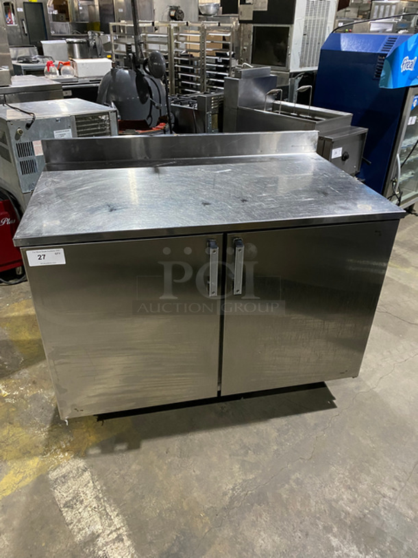 Duke Commercial Work/Prep Top Low Boy Cooler! With 2 Doors Underneath Storage Space! With Poly Coated Racks! With Backsplash! All Stainless Steel! Model: RUF48 SN: 06022028 115V 60HZ 1 Phase