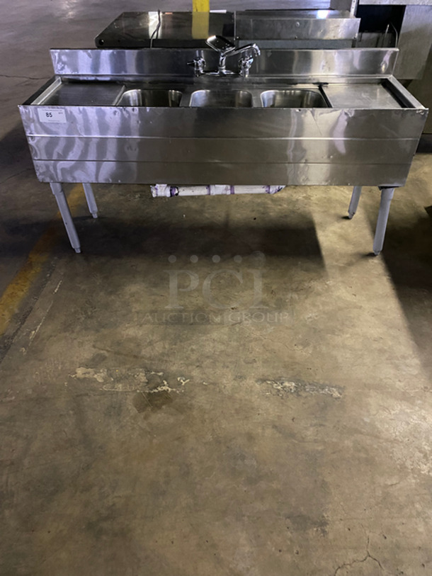 Commercial 3 Bay Sink! With Dual Drainboard, Faucet And Handles! All Stainless Steel! On Legs!