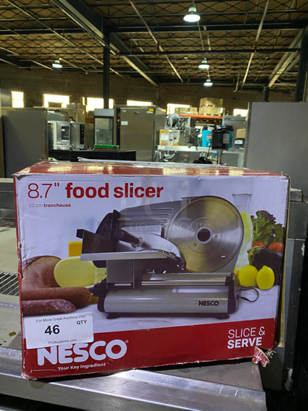 IN THE BOX! Nesco Countertop Meat/Deli Slicer! All Stainless Steel! Model: FS-250 SN: 2919-Y 120V 60HZ