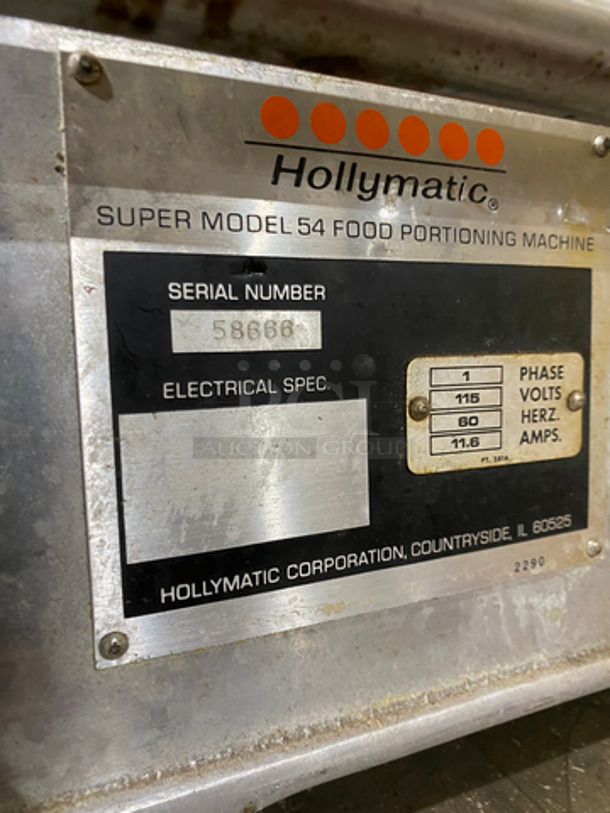 Hollymatic Commercial Food Portioning/ Patty Former Machine! On Equipment Stand! With Underneath Storage Space! All Stainless Steel! On Casters! WORKING WHEN REMOVED! Model: 54 SN: 58666 115V 60HZ 1 Phase - Image 9 of 11