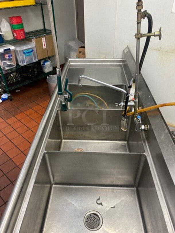 Commercial 3 Compartment Dish Washing Sink! With Dual Side Drain Board! With Back Splash! With Jet Spray, Faucet And Handles! All Stainless Steel! On Legs! - Image 5 of 8