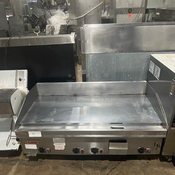 NICE!Lang Commercial Countertop Natural Gas Powered Polish Top Flat Top Griddle! With Back And Side Splashes! All Stainless Steel! On Small Legs! SN: GT2481218A0011