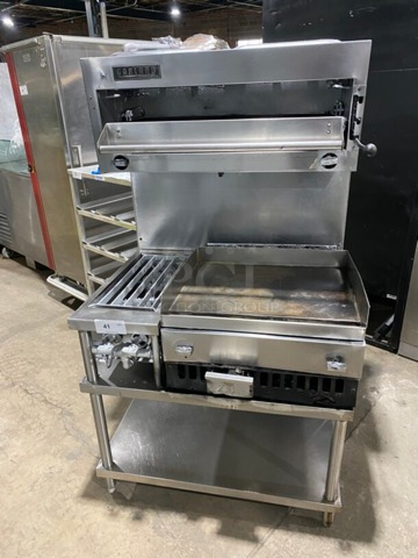 Garland Custom Made Commercial Gas Powered 2 Burner With Flat Griddle! Griddle Has Side Splashes! With Raised Back Splash And Salamander! With Storage Space Underneath! All Stainless Steel! On Legs!