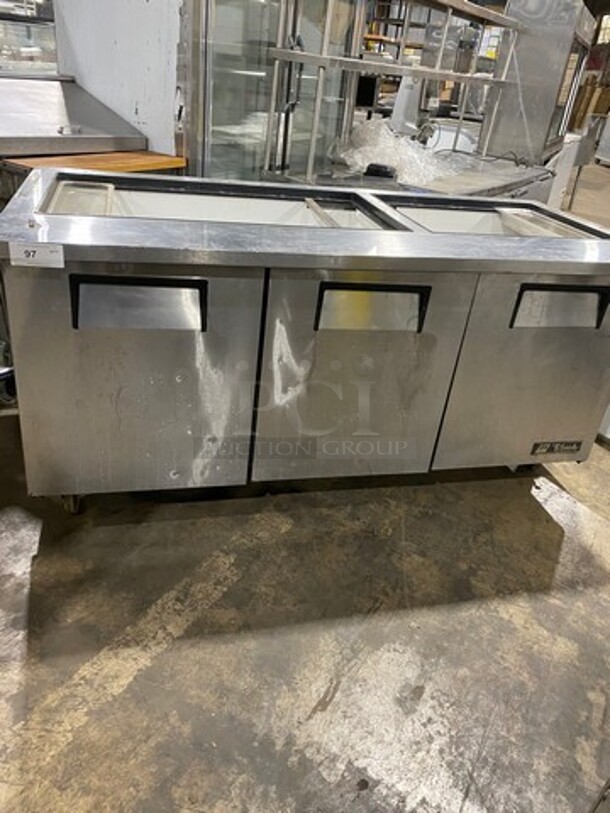 Commercial Refrigerated Sandwich Prep Table! With 3 Door Storage Space Underneath! Poly Coated Racks! All Stainless Steel! On Casters! Model: TSSU7230MBST SN: 7245594 115V 60HZ 1 Phase