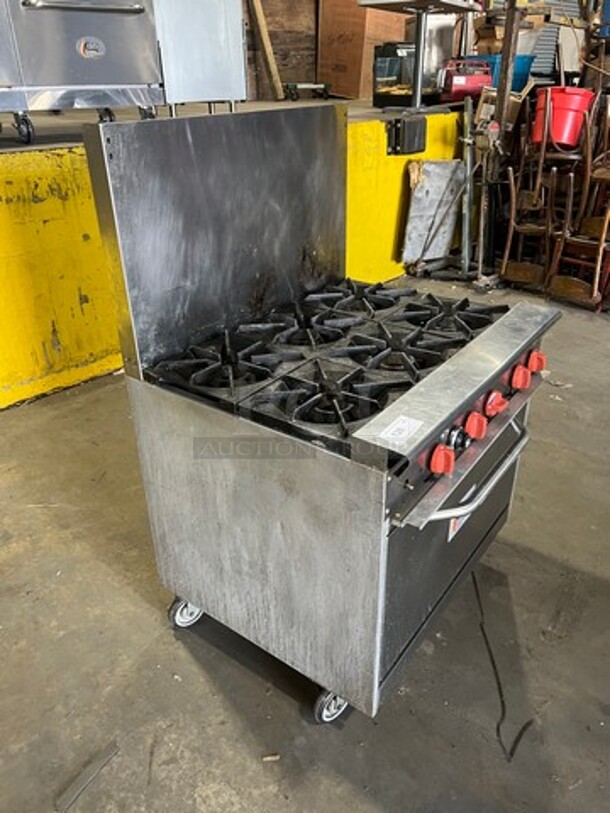 CPG Commercial Natural Gas Powered 6 Burner Stove! With Raised Back Splash! With Oven Underneath! All Stainless Steel! On Casters! Model: 36CPGV6B30N SN: 996991412030 - Image 3 of 9