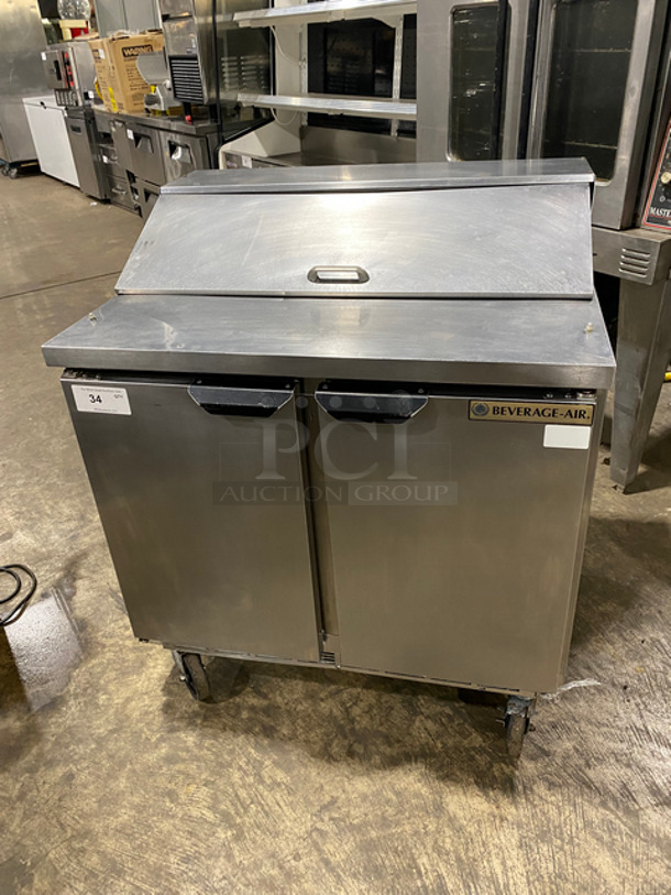 Beverage Air Commercial Refrigerated Sandwich Prep Table! With 2 Door Storage Space Underneath! Poly Coated Racks! All Stainless Steel! On Casters! Model: SPE3610 SN: 11213267 115V 60HZ 1 Phase