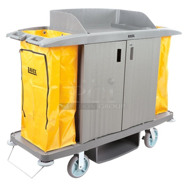 BRAND NEW SCRATCH & DENT! Lavex 274HKCARTLCK  Hotel / Housekeeping Cart - Large Locking Three Shelf. Box is damaged, handle on cart is damaged.   - Image 1 of 5