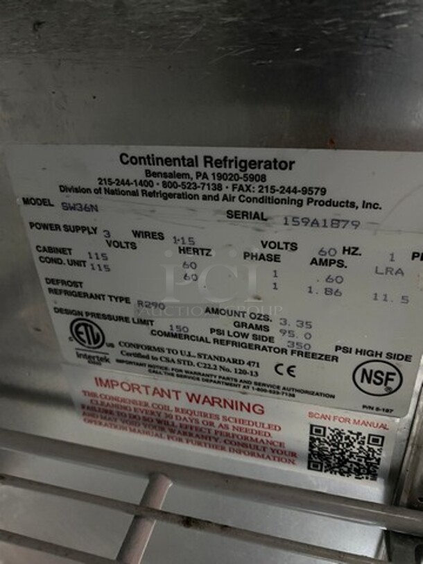 Continental Commercial 2 Door Lowboy/Worktop Cooler! All Stainless Steel! On Small Casters! Model: SW36N SN: 159A1879 115V 60HZ 1 Phase - Image 6 of 8