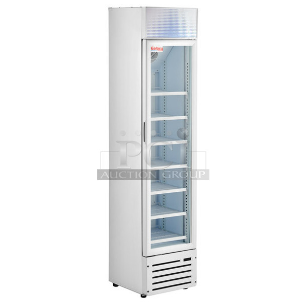BRAND NEW SCRATCH AND DENT! Galaxy 177GDN5RBW Metal Commercial Single Door Reach In Cooler Merchandiser w/ Poly Coated Racks and Red, White, and Blue LED Lighting. 110-120 Volts, 1 Phase.  - Image 1 of 3