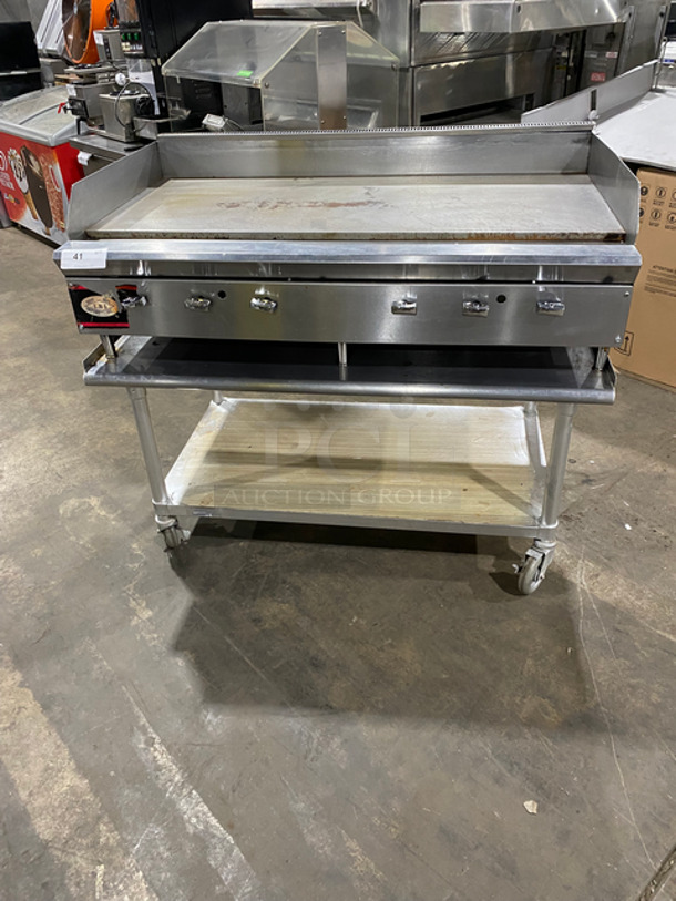 FAB! L & J Commercial Countertop Natural Gas Powered Flat Top Griddle! With Back & Side Splashes! On Equipment Stand! With Underneath Storage Space! All Stainless Steel! On Casters!