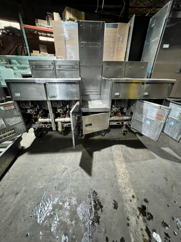 FAB! Pitco Frialator Commercial Natural Gas Powered 4 Bay Deep Fat Fryer! With Middle Fryer Basket Rack! With Oil Filter System! All Stainless Steel! On Casters! Model: SGH50  - Image 7 of 11