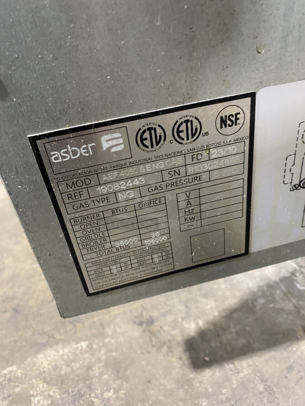 Asber Commercial Natural Gas Powered Deep Fat Fryer! With Backsplash! All Stainless Steel! On Casters! MODEL: EF4050SENGCAS SN:8103024858! - Image 7 of 8