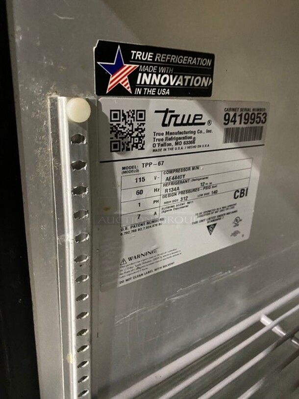 True Commercial Refrigerated Pizza Prep Table! With 2 Door Storage Space Underneath! All Stainless Steel! On Casters! Model: TPP67 SN:9419953 115V 1PH  - Image 7 of 9