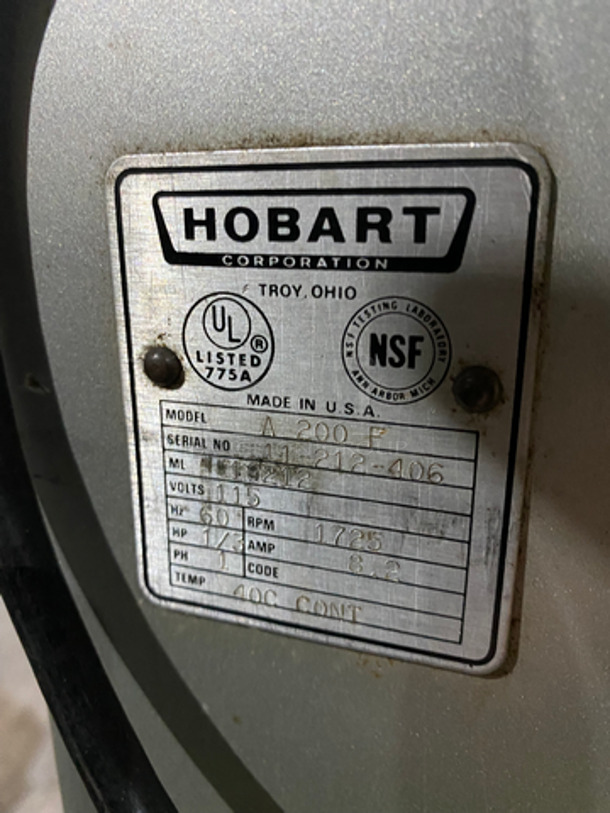 Hobart Commercial Heavy-Duty 20Qt Mixer! With Paddle Attachment And Mixing Bowl! Model: A200F SN: 11212406 115V 60HZ 1 Phase - Image 5 of 8