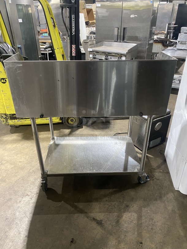 Like New! All Stainless Steel Heavy Duty Commercial Work/Prep Table! With Raised Back & Side Splashes! With Underneath Storage Space! On Casters! - Image 3 of 5