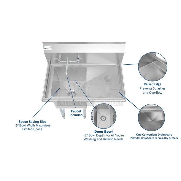 BRAND NEW SCRATCH AND DENT! 33 In. One Compartment Stainless Steel Commercial Sink With Drainboard, Bowl Size 15"X 15"X 12". - IN THE BOX - Image 2 of 4