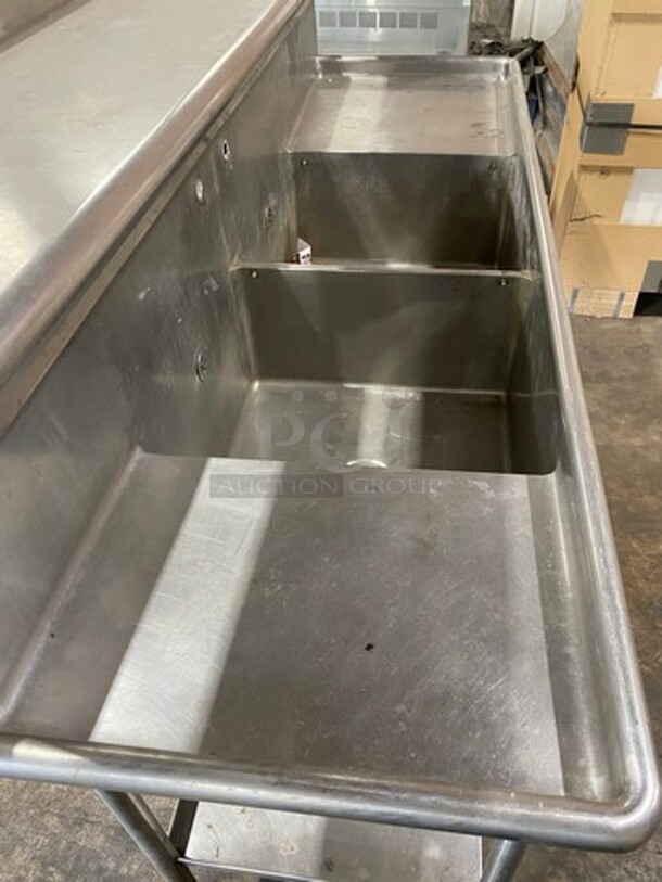 Commercial 2 Compartment Dish Washing Sink! With Overhead Shelf! With Dual Side Drain Board! With Back Splash! All Stainless Steel! On Legs! - Image 2 of 7
