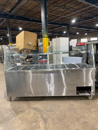 ALL STAINLESS-STEEL  96 Inch Refrigerated Sandwich Prep Table! With Sneeze Guard! With 3 Door Under Refrigeration! Sandwich Prep Area w/ 7 Compartments! 115V 1 Phase! On Casters!
