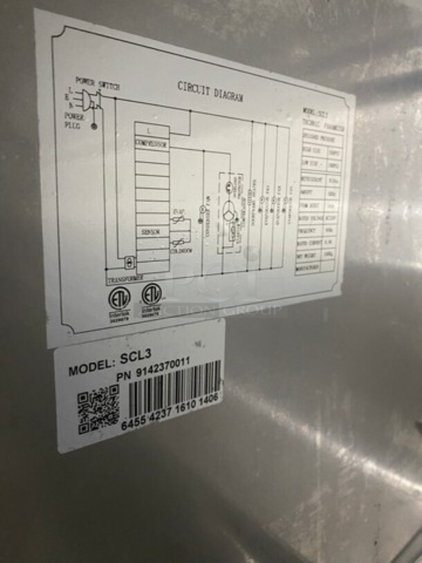 EQ Kitchen Line Commercial Refrigerated Sandwich Prep Table! With 3 Door Storage Space Underneath! Poly Coated Racks! All Stainless Steel! On Casters! Model: SCL3 SN: 6455423716101406 115V - Image 7 of 9