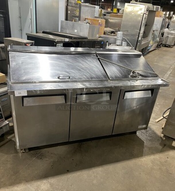 Turbo Air Commercial Refrigerated Mega Top Sandwich Prep Table! With 3 Door Storage Space Underneath! Poly Coated Racks! All Stainless Steel! On Casters! Model: MST7230 115V 60HZ 1 Phase - Image 1 of 9
