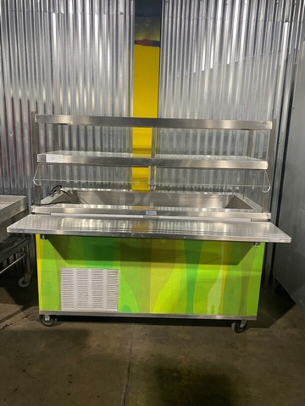 Seco Commercial Refrigerated Food Prep/Serve Station/Cold Pan! With Lowering Prep Line! With Commercial Cutting Board! With Overhead Shelf! With Underneath Storage Space! All Stainless Steel! Model 4CM Serial 598! 120V 1Phase! On Casters!