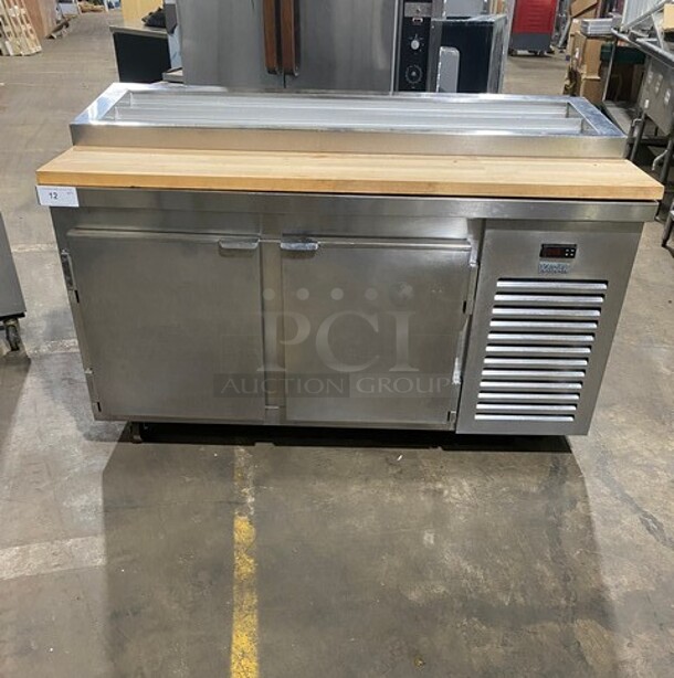Kairak Stainless Steel Pizza Prep Table With 2 Door Storage Space Underneath! With Commercial Butcher Block Style 1 1/2 Cutting Board! On Casters! MODEL KBP65S SN: T183384D12 115V 1PH - Item #1114327