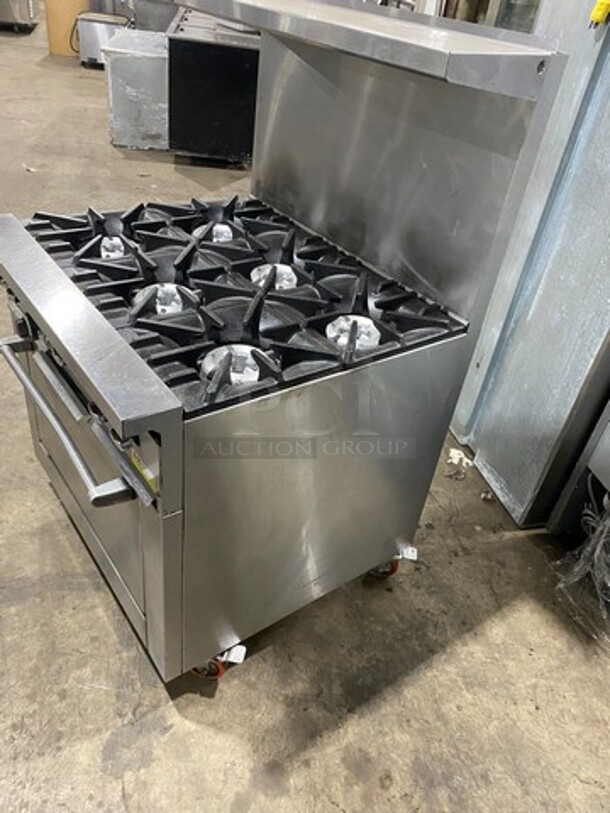 Sunfire Commercial Natural Gas Powered 6 Burner Stove! With Raised Back Splash And Salamander Shelf! With Oven Underneath! All Stainless Steel! On Casters! - Image 2 of 9