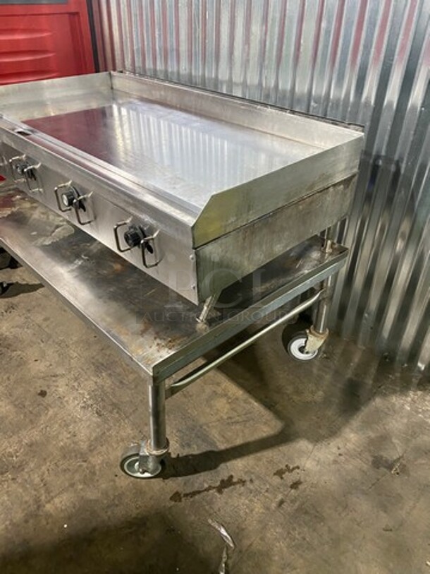 Vulcan Stainless Steel Commercial Natural Gas Powered Mirror Shine Flat Top Griddle! With Back & Side Splashes! On Equipment Stand! On Casters! - Image 2 of 11