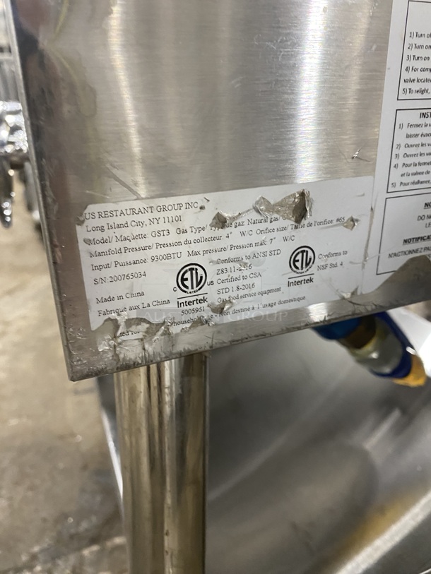 USR Cookline Commercial Natural Gas Powered 3 Bay Steam Table! With Storage Space Underneath! All Stainless Steel! MODEL GST3 SN:200765034! On Legs! - Image 8 of 9