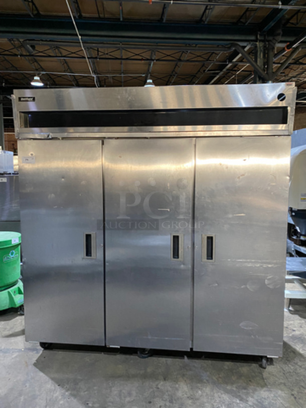 COOL! Delfield Commercial 3 Door Reach In Freezer! With Poly Coated Racks! All Stainless Steel! On Casters! Model: 6176S SN: BJP549634T 115V 60HZ