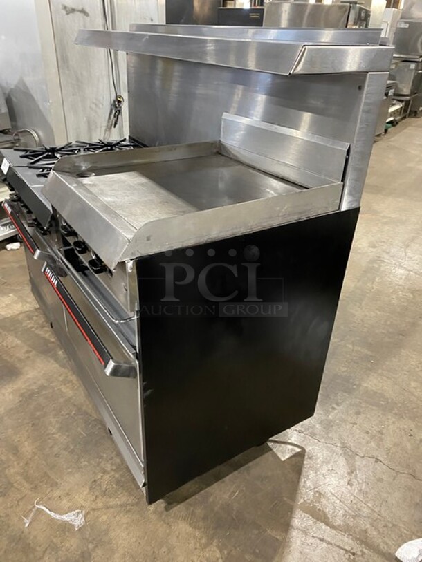 AMAZING! Garland Commercial Natural Gas Powered 6 Burner Split Top With Right Side Flat Griddle! With 2 Full Ovens Underneath! With Back Splash & Overhead Salamander Shelf! All Stainless Steel! With Metal Oven Racks! On Casters!  - Image 2 of 12