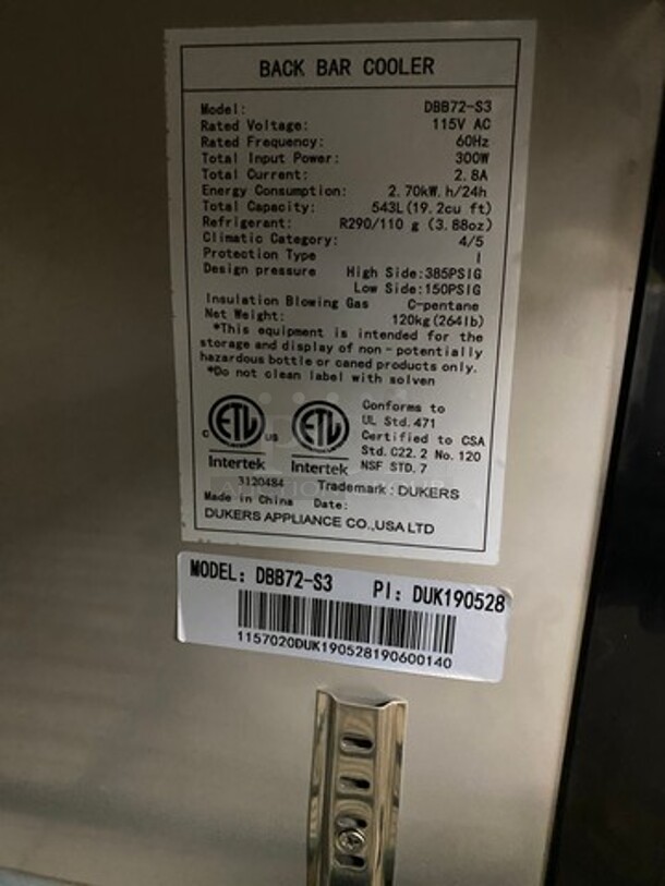 Dukers Commercial 3 Door Bar Back Cooler Merchandiser! Missing Doors! With Poly Coated Racks! Model: DBB72S3 115V 60HZ 1 Phase - Image 12 of 12