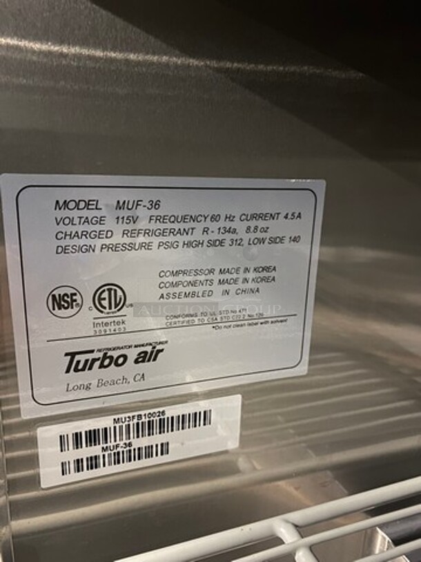 Turbo Air Commercial Under The Counter 2 Door Freezer! With Poly Coated Racks! All Stainless Steel! Model MUF36 Serial MU3FB10026! 115V! On Casters! - Image 6 of 9