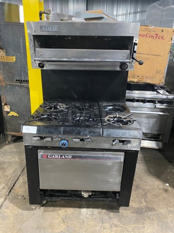 Garland Commercial Gas Powered 6 Burner Stove With Garland Salamander! Oven Underneath! On Legs! - Image 1 of 11