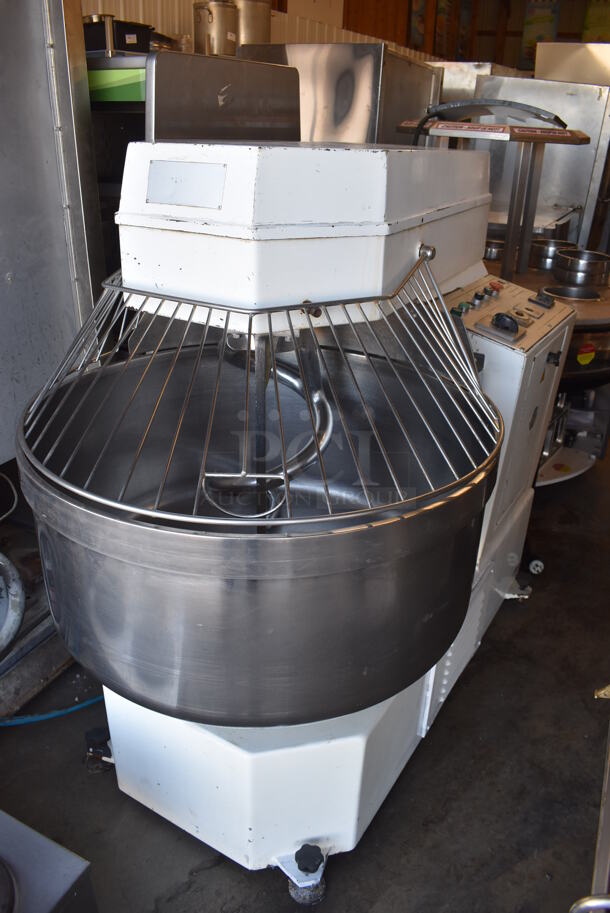 Empire 200A Metal Commercial Floor Style Spiral Mixer w/ Stainless Steel Mixing Bowl, Bowl Guard and Dough Hook Attachment. 288 Volts. 44x60x57