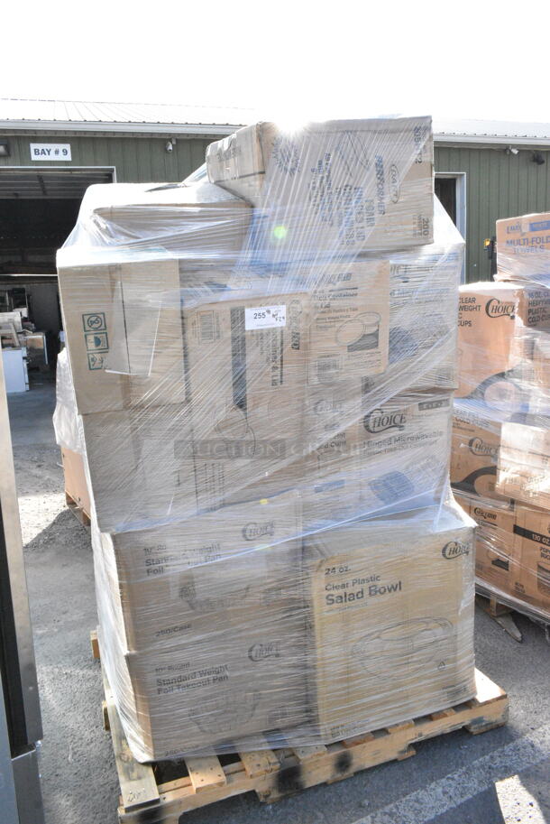 24 BRAND NEW Boxes Including Dart 205HT2 9" x 6" x 3" White Foam 2 Compartment Take Out Container with Perforated Hinged Lid - 200/Case, 128HD8COMBO Choice Heavy Duty 8 oz. Microwavable Translucent Plastic Deli Container and Lid Combo Pack - 240/Case, 500TO883C3 Choice 8" x 8" x 3" Microwaveable 3-Compartment Black / Clear Plastic Hinged Container - 100/Case, 760SOUP16WB Choice 16 oz. White Double Poly-Coated Paper Food Cup - 500/Case, 612510ST Choice 10" Round Standard Weight Foil Take-Out Pan - 250/Case, 127SB24COMBO Choice 24 oz. Clear Plastic Salad Bowl with Lid - 150/Case, 500LSTRWLW Choice 9, 12, 16, 20, and 24 oz. Clear Sip-Through Lid with Extra-Wide Opening - 1000/Case, 394365S Noble Products Powder-Free Disposable Clear Vinyl Gloves for Foodservice - Small - 1000/Case, Dart C57PST1 ClearSeal Hinged Lid Plastic Container 6" x 5 13/16" x 3" - 500/Case, 128HD16BULK Choice Heavy Duty 16 oz. Microwavable Translucent Plastic Deli Container - 480/Case, 130WBKFORKH Choice Black Heavy Weight Wrapped Plastic Fork - 1000/Case. 24 Times Your Bid!  - Image 1 of 12