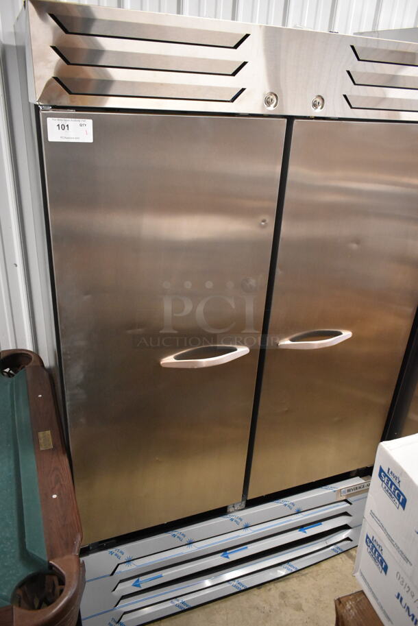 BRAND NEW SCRATCH AND DENT! Beverage Air SF2HC-1S Stainless Steel Commercial 2 Door Reach In Freezer w/ Poly Coated Racks and Commercial Casters. 115 Volts, 1 Phase. Cannot Test Due To Missing Power Cord  - Image 2 of 7