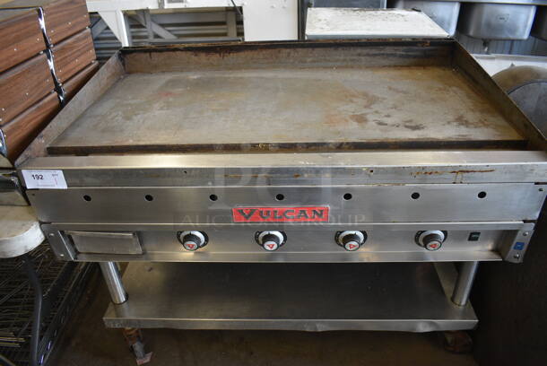 Vulcan Stainless Steel Commercial Gas Powered Flat Top Griddle w/ Thermostatic Controls and Under Shelf on Commercial Casters. 48x31x38