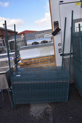 ALL ONE MONEY! Lot of 17 Green Finish Wire Shelves and 4 Poles. 48x24x1.5, 75