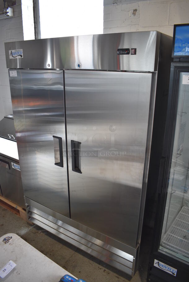 BRAND NEW SCRATCH AND DENT! Avantco Model 178A49RHC Stainless Steel Commercial 2 Door Reach In Cooler w/ Poly Coated Racks on Commercial Casters. 115 Volts, 1 Phase. 53x32.5x82.5. Tested and Working!