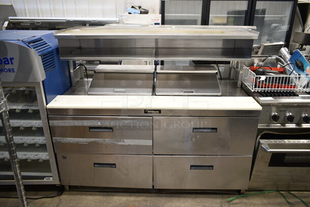Delfield Stainless Steel Commercial Sandwich Salad Prep Table Bain Marie Mega Top w/ 4 Drawers and Over Shelf. 115 Volts, 1 Phase. Tested and Working! - Image 1 of 9