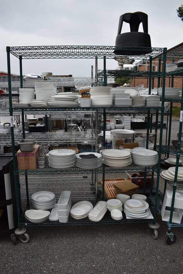 ALL ONE MONEY! Lot of 4 Tiers of Various Smallwares Including White Ceramic Plates, Stool. Does Not Include Shelving Unit