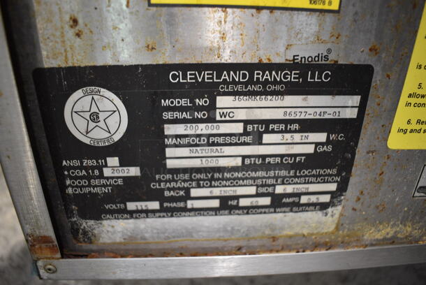Cleveland 36GMK66200 Stainless Steel Commercial Natural Gas Powered Tilting Kettle Station w/ 2 Cleveland KDT6T 6 Gallon Tilting Skillets. 36x38x64 - Image 9 of 11