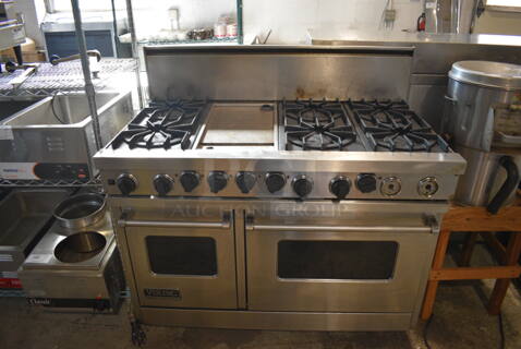 Viking Stainless Steel Commercial Floor Style Gas Powered 6 Burner Range w/ Flat Top Griddle, Convection Oven and Oven. 48x28x46