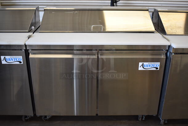 Avantco 178APT48HC Stainless Steel Commercial Sandwich Salad Prep Table Bain Marie Mega Top on Commercial Casters. 115 Volts, 1 Phase. 47x30.5x42.5. Tested and Powers On But Does Not Get Cold
