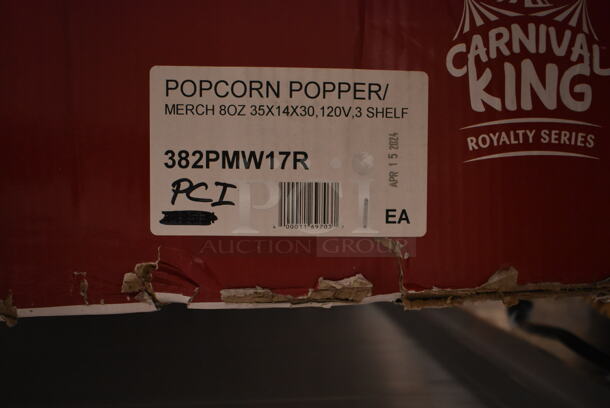 BRAND NEW SCRATCH AND DENT! Carnival King 382PMW17R Stainless Steel Commercial Royalty Series 8 oz. Commercial Popcorn Machine / Popper with Warming / Holding Merchandiser. See Pictures For Broken Glass. 120 Volts, 1 Phase. Tested and Working! - Image 4 of 5