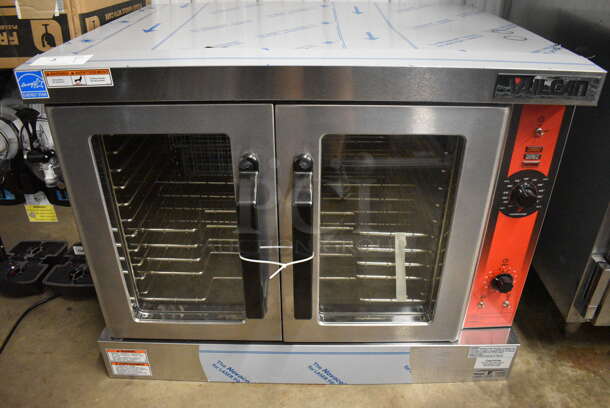 BRAND NEW! Vulcan Model VC4GD-21D150K Stainless Steel Commercial Propane Gas Powered Full Size Convection Oven w/ View Through Doors, Metal Oven Racks and Thermostatic Controls. 40.5x34x31