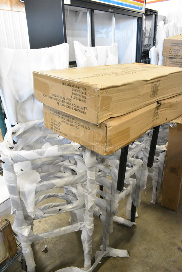 8 BRAND NEW SCRATCH AND DENT! Lancaster Table & Seating 164CCROSSFR Black Metal Cross Back Dining Height Chair w/ 12 Cushions. 8 Times Your Bid!  - Image 2 of 8